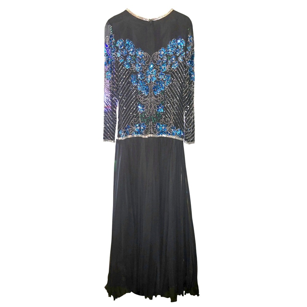 Alyce Designs VTG Gown Womens Sz 12 Black & Blue Sequin Beaded Silk Formal Dress - Picture 7 of 12